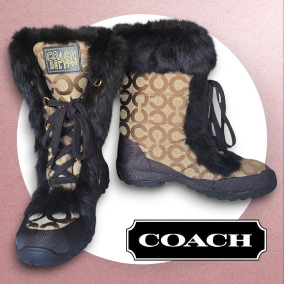 NWOT Coach Jennie Signature Fur Winter Snow Boots Brown Monogram Cozy Luxe Sz 8 - Picture 1 of 14